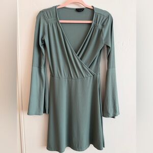 Topshop Sage Green Ribbed Wrap Dress US 6 Long Sleeve Fit & Flare